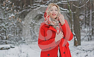 Christmas Holidays, pretty lady in red coat, fashionable concept