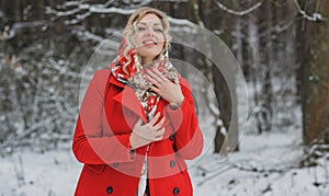 Christmas Holidays, pretty lady in red coat, fashionable concept