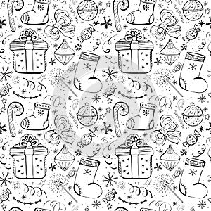 Christmas holidays seamless vector background with gifts, candy, toys, snowflake. Cute Fun seamless background with winter holiday