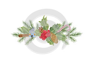 Christmas holidays traditional composition fir tree branches, holly plant, Christmas tree decor, candy cane, cinnamon family