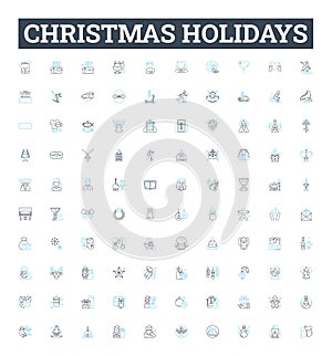 Christmas holidays vector line icons set. Christmas, Holidays, Santa, Reindeer, Snow, Tree, Gift illustration outline