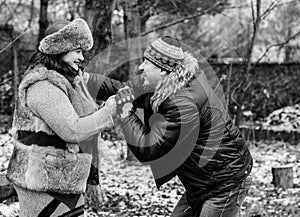 Christmas Holidays, woman and senior man walk at park