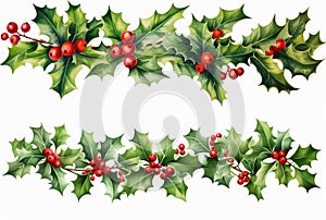 Christmas Holly Berries Banner Garland Watercolour Illustration Isolated