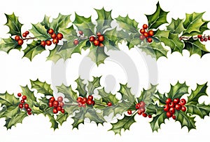 Christmas Holly Berries Banner Garland Watercolour Illustration Isolated