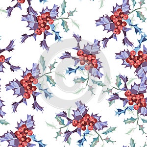 Christmas holly berries seamless pattern illustration. Watercolor style.