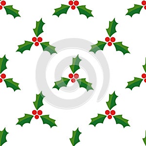 Christmas holly berries seamless pattern on white background