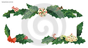 Christmas holly border with candy cane and lollipop and zefir, traced watercolor
