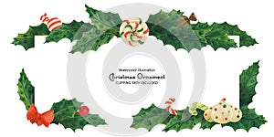 Christmas holly border with candy cane and lollipop and zefir, watercolor illustration