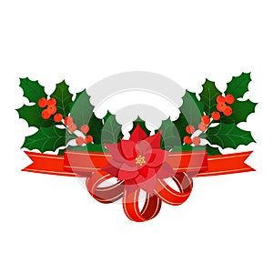 Christmas holly decoration with poinsettia flower. Holly branches with berries and red satin bow