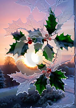 Christmas Holly On A Frosted Window, During A Sunrise. Generative AI