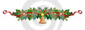 Christmas holly garland. Vector frame, border, decoration for holiday cards, invitations, banners. Holly leaves, berries with b