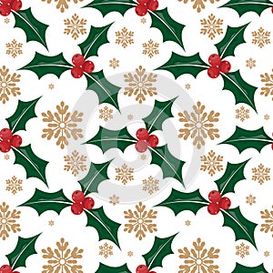 Christmas holly leaves and berries with snowflakes ornate seamless pattern