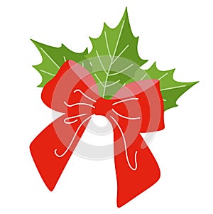 Christmas holly leaves with red bow, winter decoration in cartoon style isolated on white background. Flat vector illustration for