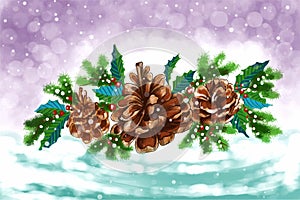 Christmas holly pine cone set merry christmas card background