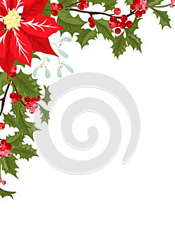 Christmas holly poinsettia corners border decoration. Festive plant elements holiday design