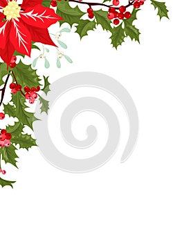 Christmas holly and poinsettia corners border decoration. Festive plant elements for holiday design. Seasonal frame with