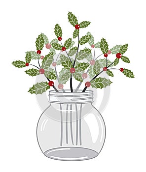 Christmas Holly Twigs Bouquet In Mason Jar. Vector Christmas Holly Twigs in Glass Vase