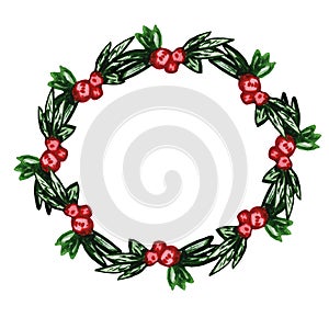 Christmas holly wreath. Botanical frame painted in watercolor. Green leaves with red berries isolated on a white background. Place