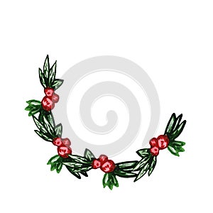 Christmas holly wreath. Botanical frame painted in watercolor. Green leaves with red berries isolated on a white background. Place