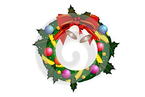 Christmas holly wreath with silver bells and red bow on white background. Illustration