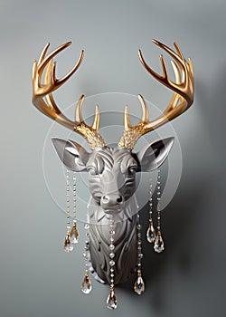 Christmas home decor with figure of head deer and Christmas ornaments