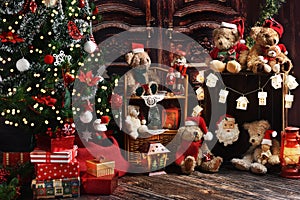 Christmas home decoration with teddy bears and decors in vintage style