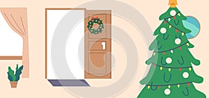 Christmas Home Interior With Decorated Fir-tree, Open Door, Wreath And Curtained Window. Background For Greeting Card