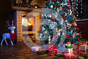 Christmas home interior with tree and fireplace