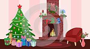 Christmas home interior. Tree with gifts, fireplace and chair in living room