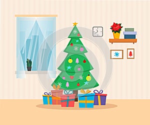 Christmas Home interior with tree, presents, window. Flat cartoon style vector illustration. Christmas and New Year card