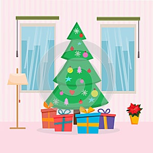 Christmas Home interior with tree, presents, window and lamp. Flat cartoon style vector illustration. Christmas and New Year cards