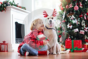 Christmas at home. Kids and dog under Xmas tree