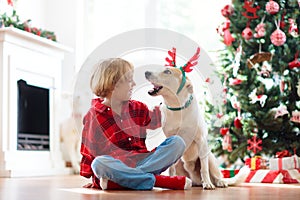 Christmas at home. Kids and dog under Xmas tree