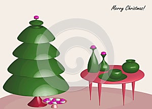 Christmas home scene illustration - Christmas tree and decorative vases