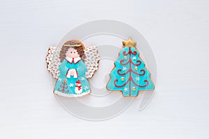 Christmas homemade gingerbread angel and christmas tree cookies