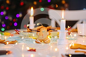 Christmas homemade gingerbread classic cookies on table with christmas decoration