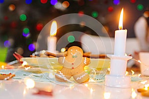 Christmas homemade gingerbread classic cookies on table with christmas decoration