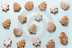 Christmas homemade gingerbread cookies on blue