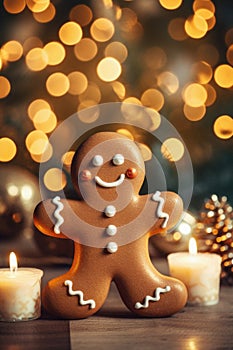 Christmas homemade gingerbread cookies with festive decorations on wooden table, closeup. space for text