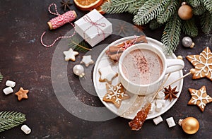 Christmas homemade gingerbread cookies and hot chocolate