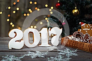 Christmas homemade gingerbread cookies on table, new year 2017