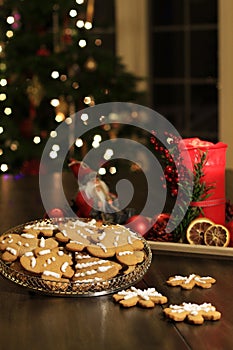 Christmas homemade gingerbread cookies on wooden table