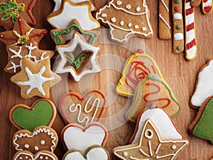 Christmas homemade gingerbread cookies on wooden table