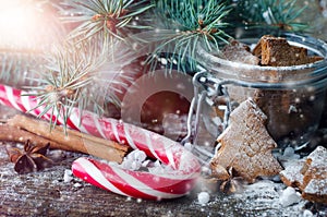 Christmas homemade gingerbread cookies on wooden table