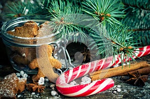 Christmas homemade gingerbread cookies on wooden table