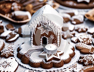 Christmas homemade gingerbread house with candle