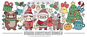 Christmas horizontal banner with cute kawaii characters for kids. Vector Santa Claus standing with deer, elf, bear, tree, present