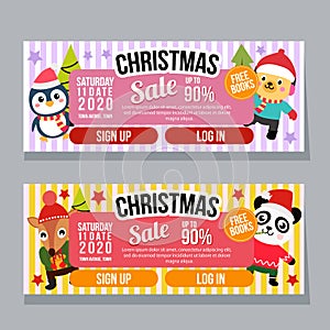 Christmas horizontal banner template sale present penguin squirrel flat style