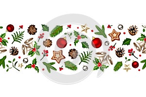 Christmas horizontal seamless background with balls, bells, holly, mistletoe, cones and fir branches. Vector illustration.