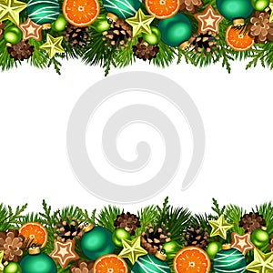 Christmas horizontal seamless background with fir branches, balls, cones and stars. Vector illustration.